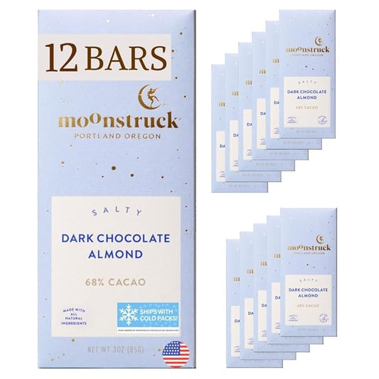 Moonstruck Chocolate Dark Chocolate Bar with Sea Salt and Almonds, 68% Cacao, 3.0oz (Pack of 12)