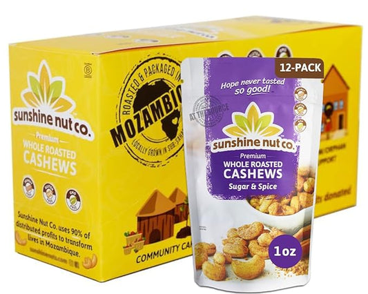 Sunshine Nut Company Whole Roasted Lightly Salted Cashews, Sugar and Spice Flavor, 12-Pack, 1.05 oz. Each, Gluten Free, Peanut Free and Vegan Individual Snack Packs for Kids and Adults, GMO Free
