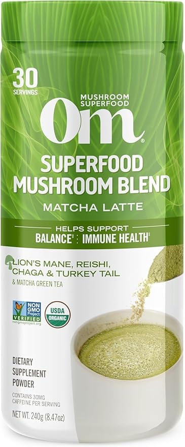 OM MUSHROOM SUPERFOOD Matcha Latte Blend Mushroom Powder, 8.47 Ounce Canister, 30 Servings, Green Tea, Lion's Mane, Reishi, Chaga, Turkey Tail, Focus & Stress Support Supplement