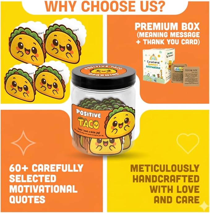 60 Positive Taco Cards Jar, Affirmation Cards for Women, Emotional Support Tacos, Taco Gifts for Women, Taco Themed Gifts, Teen Girl Trendy Stuff