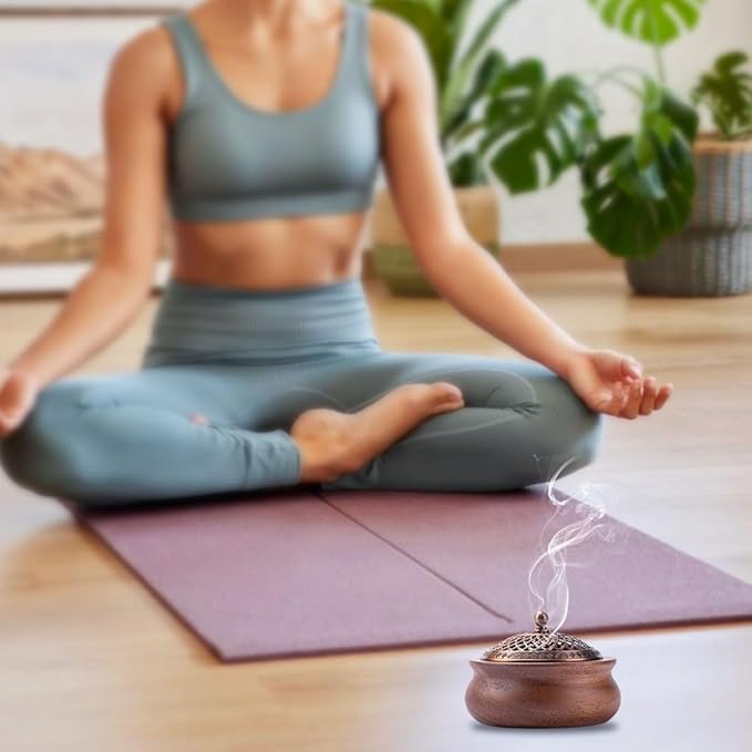 Round Wooden Incense Burner & Holder - 4" Handcrafted Natural Wood Censer with Alloy Lid, Heat-Resistant Tray for Sticks, Cones, Sage, Frankincense (Meditation, Yoga, Home Decor)