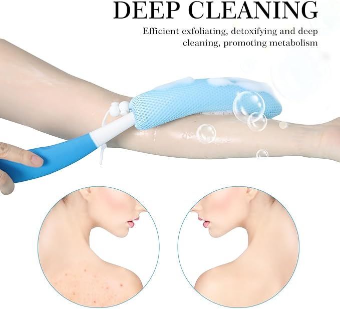 Long Handle Bath Brush Back Scrubber for Use in Shower,Dual-Sided Non Slip Shower Scrubber for Cleaning Body,Exfoliator Wet or Dry Brushing Bath Brush Long Handle for Shower (Green-Green)