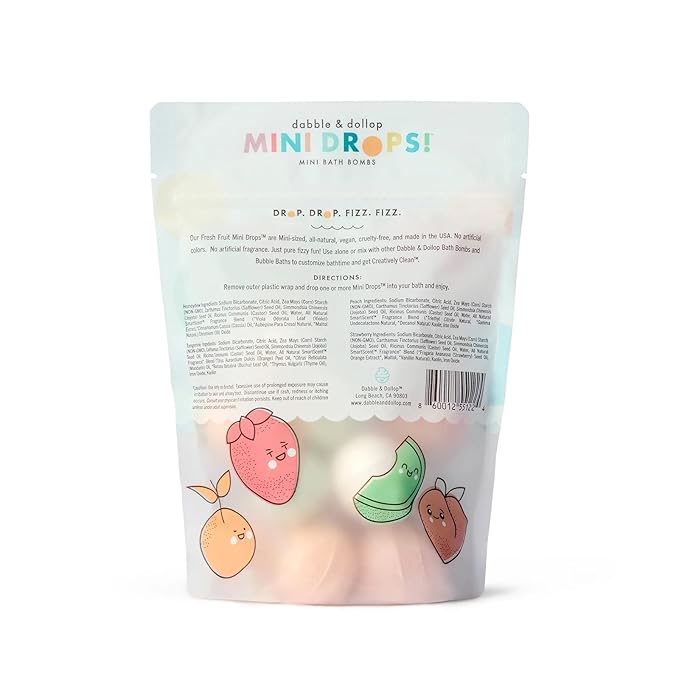 Dabble & Dollop Mini Bath Bombs, 100% Natural Droplets for Kids, Fresh Fruit Scents - Resealable Pouches, USA Made, Fizzy, Moisturizing & Fun, Vegan, Gluten-Free, Cruelty-Free (Set of 24)