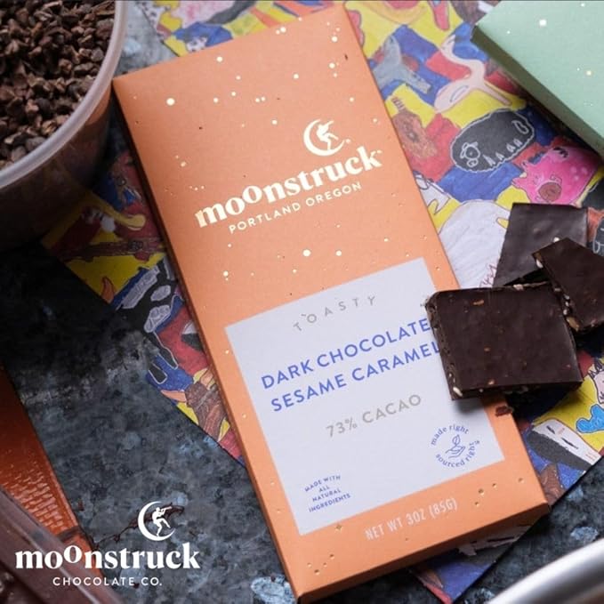 Moonstruck Chocolate Sesame Caramel Dark Chocolate Bar, 73% Cacao, 3.0oz (Pack of 12)