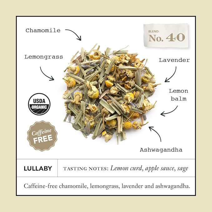 Steven Smith Teamaker Lullaby No. 40, Chamomile, Lemongrass, Lavender, Ashwagandha, Caffeine-Free, Organic Relaxing & Bedtime Wellness, Sugar-Free, Herbal Tea Bags, 15 Sachets, 0.95oz each