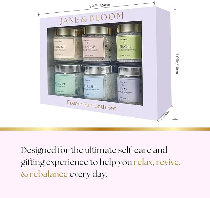Epsom Salt Bath Gift Set – 6 Aromatherapy Blends with Essential Oils – Bath & Body Gift Set for Women, Stress Relief, Self Care, Birthday Gifts – Jane & Bloom