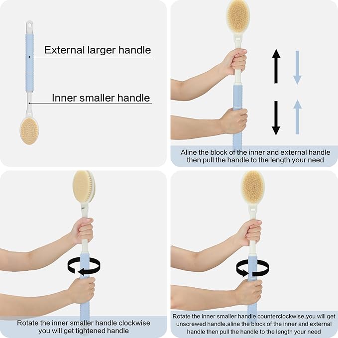 Shower Brush with Soft and Stiff Bristles,16"-24" Long Adjustable Telescopic Massage Handle,Dual-Sided Back Scrubber Bath Brush Body Exfoliator for Wet or Dry Brushing