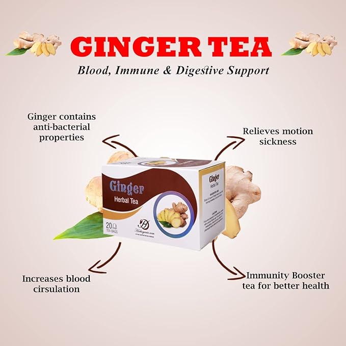 Herboganic Herbal Ginger Tea Bags, Natural Remedy Ginger Tea, Supports Good Digestion, Soothes Throat & Relieves Motion Sickness (Pack of 20)