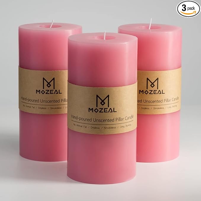 MOZEAL 3" x 6" Hand-Poured Unscented Candle,Dripless Pillar Candle Set of 3,Long Lasting Burning,Approx 120 Hours Burn Time,Rustic Country Style,for Wedding,Dinner,Christmas and Home Decor,Pink