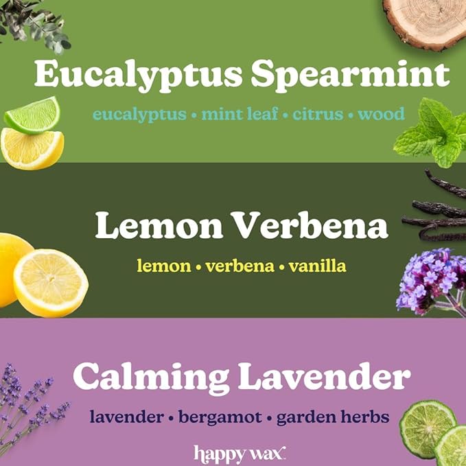 Happy Wax Clean Mix Collection Scented Natural Soy Wax Melts – 6 Total Oz. of Scented Wax Melts, Collection Includes Eucalyptus Spearmint, Lemon Verbena, and Calming Lavender