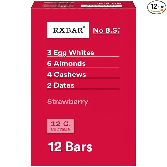 RXBAR Protein Bars, 12g Protein, Gluten Free Snacks, Strawberry, 22oz Box (12 Bars)