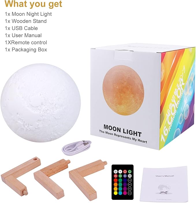 GDPETS Moon Lamp, 16 Colors Moon Night Light with Stand & Remote &Touch Control and USB Rechargeable Decorative Light Up Moon Lamp for Baby Kids Lover Birthday Party Gifts(4.8 inch)