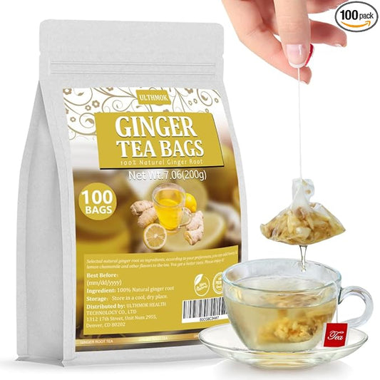 100 Premium Ginger Tea Bags/7.06 Oz, Made with 100% High-Spiciness Ginger Root, Full of Flavor & Spicy, Support Digestion & Boost Immunity, No Additives & Caffeine Free.