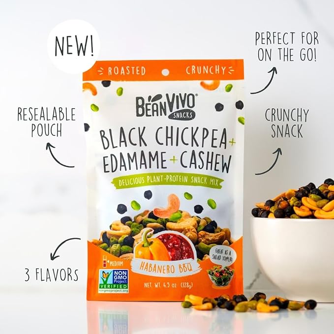 BeanVIVO Healthy Snacks for Adults & Kids with 7g Protein & 5g Fiber per Serving with Dried Edamame, Roasted Cashew and Chickpeas - Vegan & Gluten Free - Keto Friendly & Non-GMO - 3-Pack (4.5 oz Each Pouch)