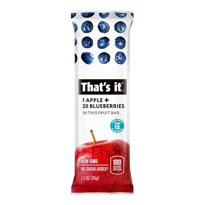 That's it. Apple + Blueberry 100% Natural Real Fruit Bar, Best High Fiber Vegan, Gluten Free Healthy Snack, Paleo for Children & Adults, Non GMO No Sugar Added, No Preservatives Energy Food (12 Pack)