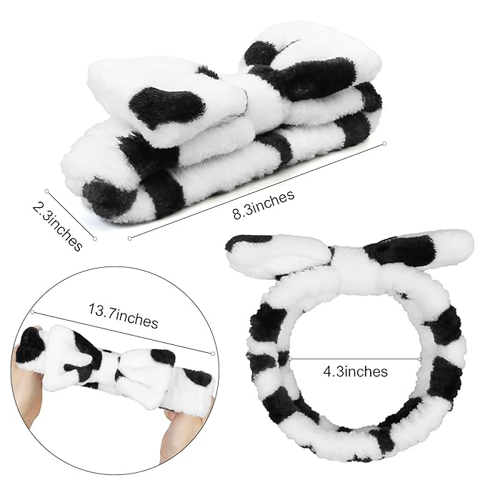 Huachi Spa Headbands for Women Washing Face, Cow Print, Soft Microfiber Hair Wrap with Bow - Skincare Headband for Girls, Makeup Application, Spa Treatments, Party Favors