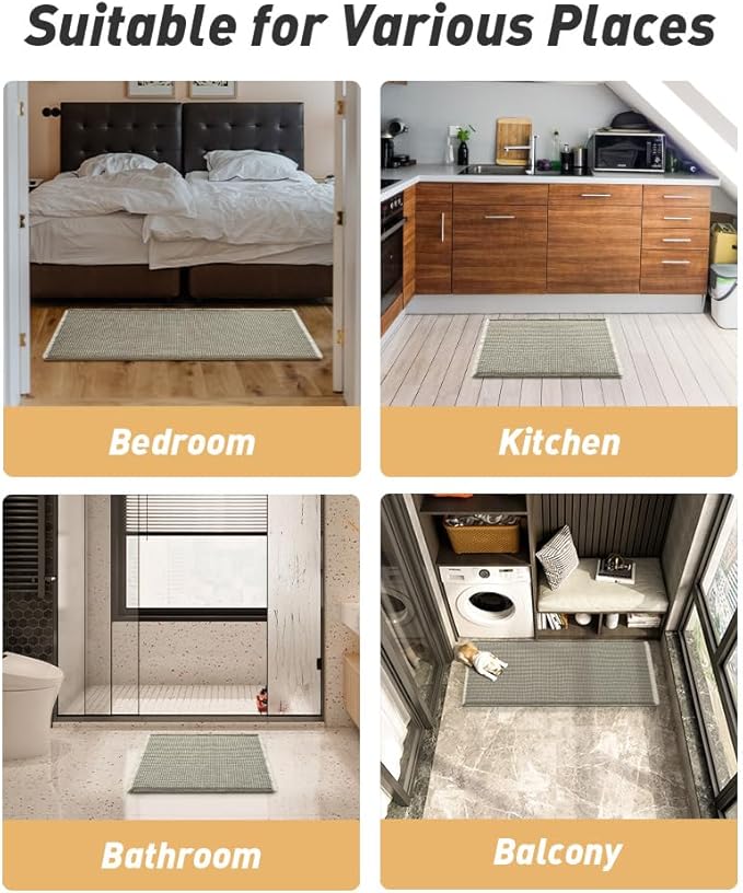 AMOAMI Upgraded Waffle Bath Mat, Super Absorbent Non Slip Bath Mats for Bathroom Floor, Machine Washable Bathroom Rugs with Tassels, Rubber Backed Bathroom Mats, Ultra Soft, 24" x 36", Green & Cream