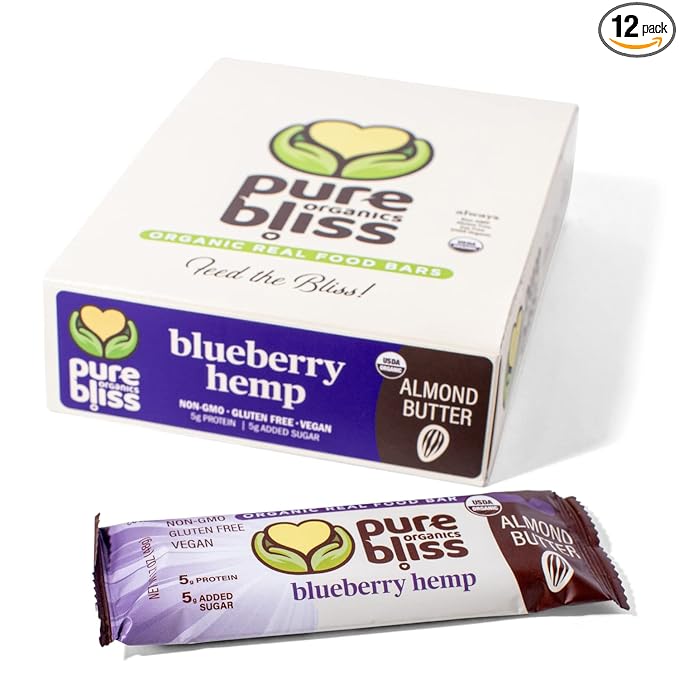 Organic Real Food Bar (Blueberry Hemp) Non-GMO, Gluten Free, Vegan, Nutrition Bars, Energy Bars, Super Food Simple Ingredients, Best Tasting, Healthy Snack, Breakfast Bars, Dairy Free, Soy Free, Pure Bliss Organics (1.7 oz bar, 12-Pack Case)