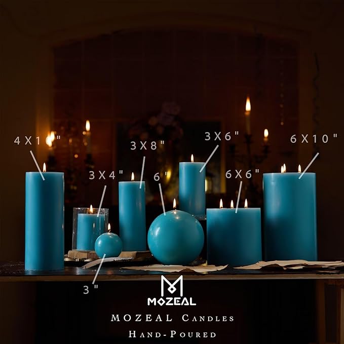 MOZEAL 3" x 8" Hand-Poured Unscented Large Candle,Smokeless Rustic Pillar Candle Set of 2,Slow Burn,No Drip,Approx 150 Hours Burning,Wedding,Dinner,Christmas and Home Decorative,Tall Turquoise Candle