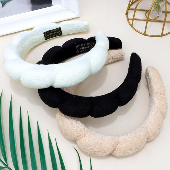 AOPRIE SPA Headbands for Washing Face Makeup Headbands with Bow Hair Band Women Facial Head Band Wrist Towel Wraps For Shower Face Mask Black White Beige, 3 Pack