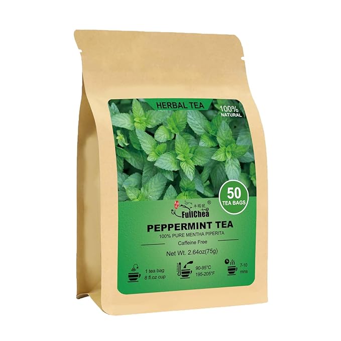 FullChea - Peppermint Tea Bags, 50 Teabags - Premium Peppermint Leaves - Refreshing & Minty - Non-GMO - Caffeine-free - Freshen Breath & Aid Digestion