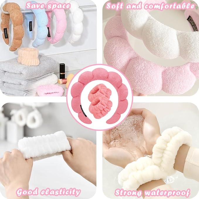 Spa Headbands for Washing Face Wristband Set Sponge Makeup Skincare Headband Wrist Towels Bubble Soft Terry Towel Cloth Hairband for Women Puffy Headwear Non Slip Thick Thin Hair Headwear (Rose red)