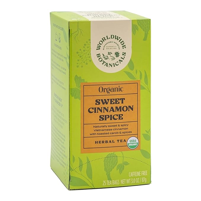 Worldwide Botanicals Sweet Cinnamon Spice Herbal Tea, 25 Tea Bags - Organic, Caffeine Free, Kosher, Naturally Sweet, 50% More Herbs