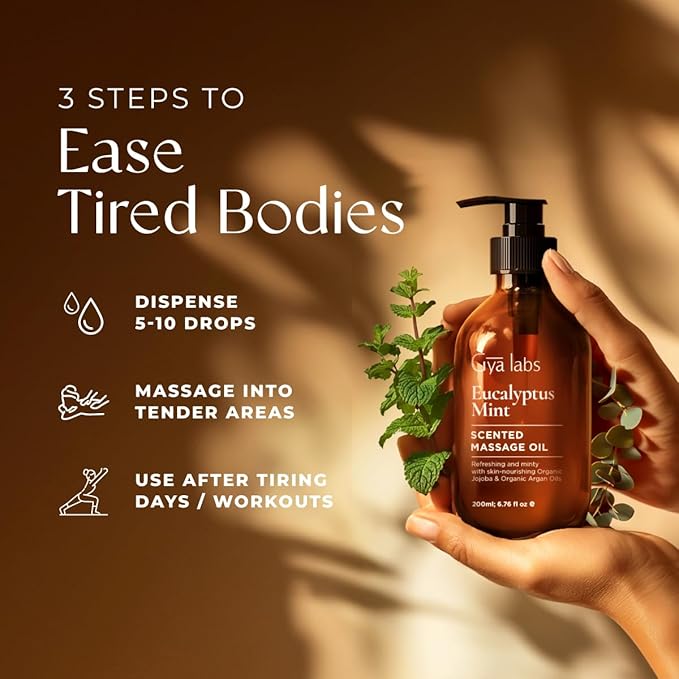 Gya Labs Eucalyptus Mint Massage Oil for Sore Muscles & Deep Relaxation - 6.76 fl oz - 100% All Natural Non-Greasy Body Massage Oil with Argan & Jojoba Oil for Men & Women - Professional & Home Use