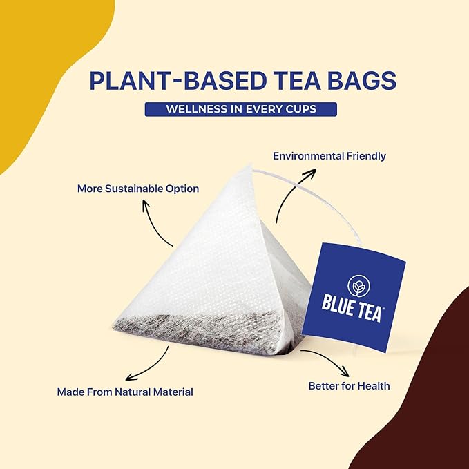 BLUE TEA - Turmeric Tea - Ashwagandha - 30 Count - Pyramid Plant Based Tea Bag | CURCUMIN RICH - HERBAL BLEND | Herbal Tea - Caffeine Free - Non-GMO - Vegan - Gluten Free - No Sugar | Reusable Tin Pack