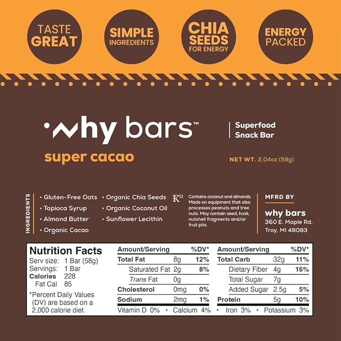Protein Bars, Super Cacao, 2.04 Ounce Bars (Pack of 12 Protein Bars) - Protein Bar Superfood, Gluten Free, Non GMO, Organic, Vegan, Simple Ingredients