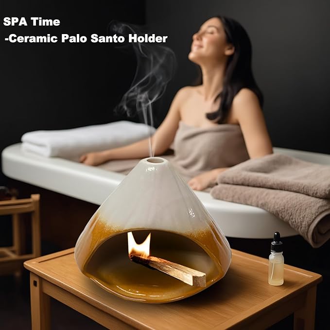 Ceramic Palo Santo Holder, Fuji Mountain Shape Incense Stick Burner for Yoga, Meditation,and Energy Cleansing Shower, Anxiety Relief for Women, Meditation Gifts with Gift Box (Brown and White)