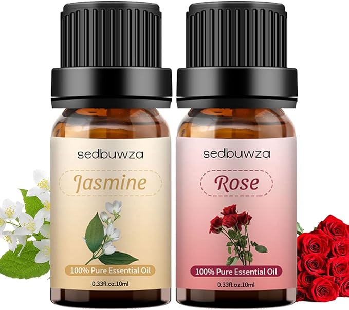 Sedbuwza Rose Jasmine Essential Oil Set, Rose Fragrance Oil Jasmine Scent Oil Set for Diffuser, Aromatherapy, Massage, Soap, Candle Making 2 x 10 ml