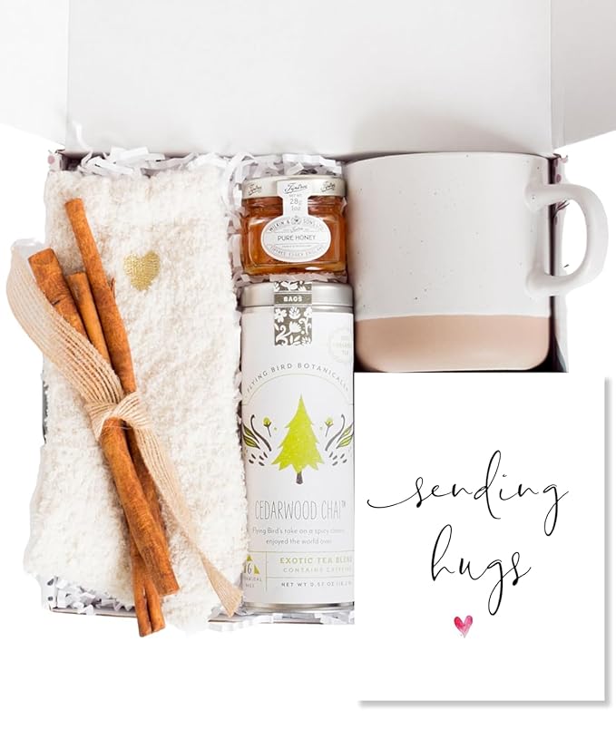 Unboxme Sending Hugs Comforting Gift Basket for Women - Soothing Self Care Box with Fluffy Socks, Ceramic Mug, Chai Tea, Honey & Cinnamon for Mom, Sister, Friends and Coworkers