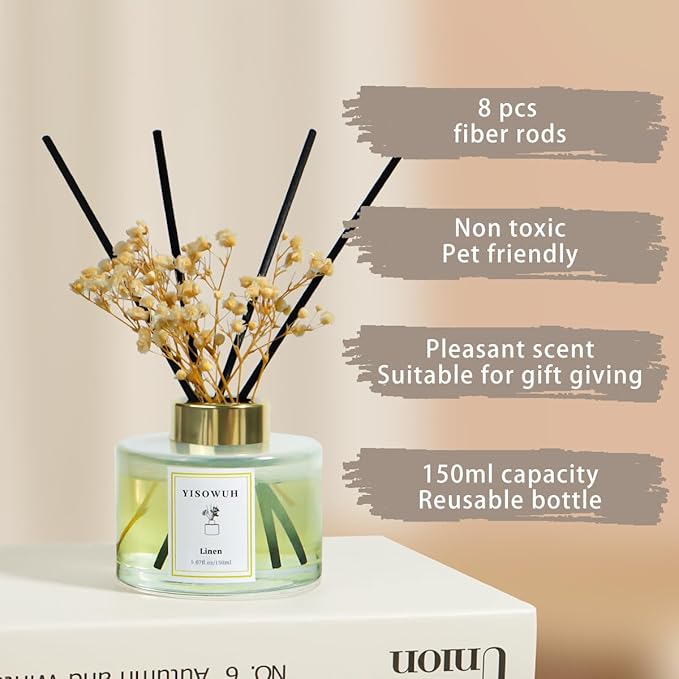 Reed Diffuser Set,5.07 fl oz (150 ml) - Linen Oil Diffusers with 8 Reed Sticks,Home Fragrance Reed Diffuser for Bathroom Shelf Decor