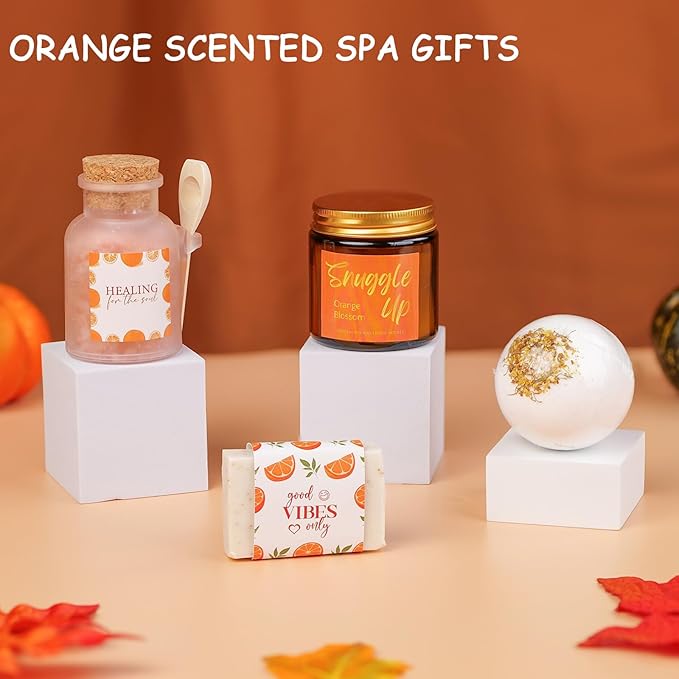 Care Package For Women, Self Care Gifts for Women, Get Well Soon, Orange Fall Themed Gifts for Woman, Relaxation Spa Gift Baskets for Woman, Thinking of You Birthday Gift, Feel Better Self Care Kit
