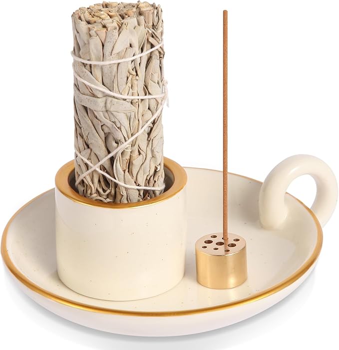 Sage Holder, Ceramic Palo Santo Sticks Holder, Sage Burner Holder with Handle, 4.72" Sage Incense Holder for Meditation, Yoga and Relaxation