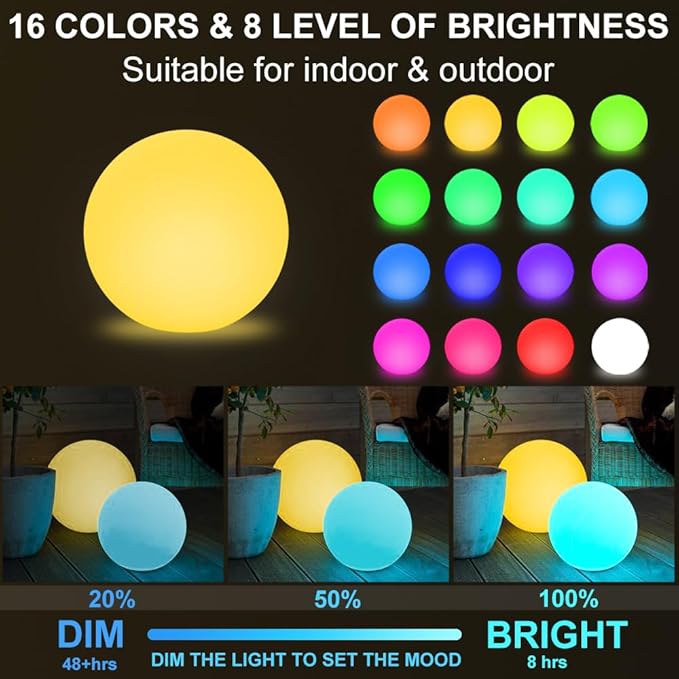 16-inch LED Globe Orb Light, Rechargeable Glowing Ball Light w/Remote, Dimmable RGB Color Changing Glowing Orb for Kid Adult, Waterproof Light Up Ball Night Light Mood Lamp for Home Garden Patio Party