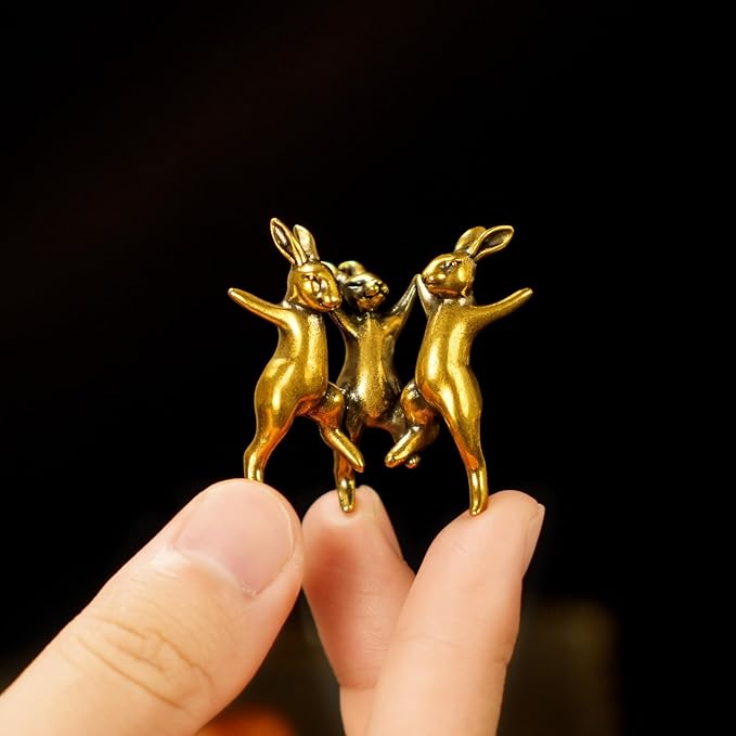 CHOVY Dancing Rabbits Trio - 100% Solid Brass Sculpture, Vintage Whimsical Home Decor, Interlocking Joyful Bunny Figurine for Easter & Spring, Unique Gift Idea, Handcrafted Collectible Art Piece