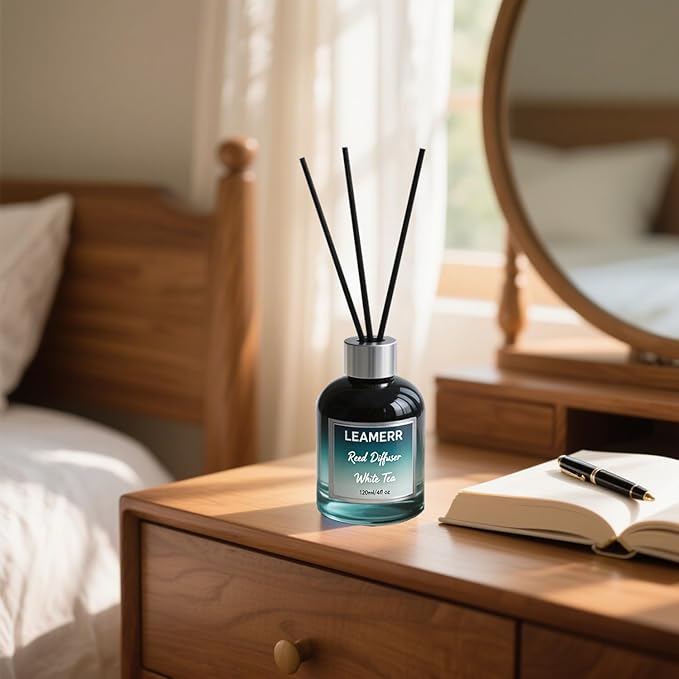 Reed Diffuser Sets, 4oz (120mL)- White Tea Reed Diffuser Oils, with 5 Reed Sticks, Home Fragrance Reed Diffuser for Bathroom Shelf Decoration.