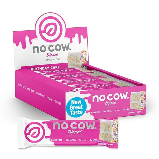 No Cow Vegan Protein Bars, Upgraded Birthday Cake | 20g Plant Based Protein, Gluten Free, Dairy Free, Soy Free, Keto Friendly, Low Sugar, High Fiber Snack Bars | Pack of 12
