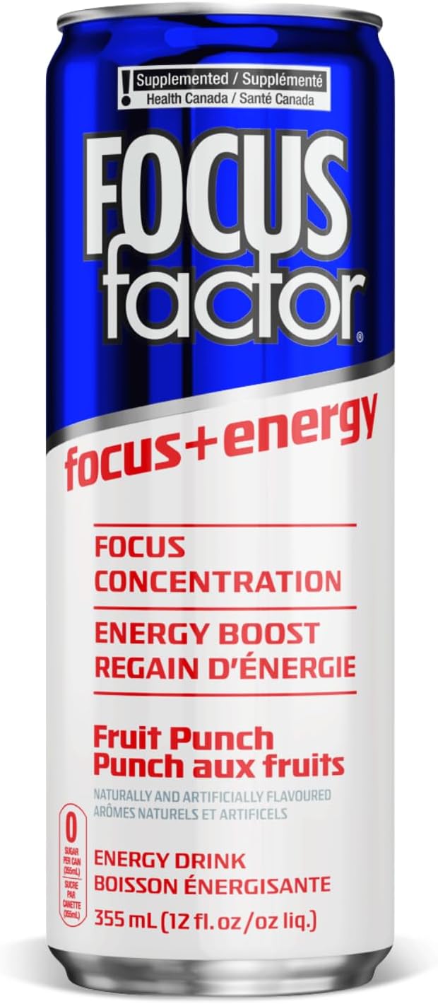 Focus Factor Energy Drink - 12 x 355ml Cans (Fruit Punch Flavour) - with Focus + Energy - Lightly Carbonated, Sugar Free, Low Calorie with Vitamin B6 & Vitamin B12