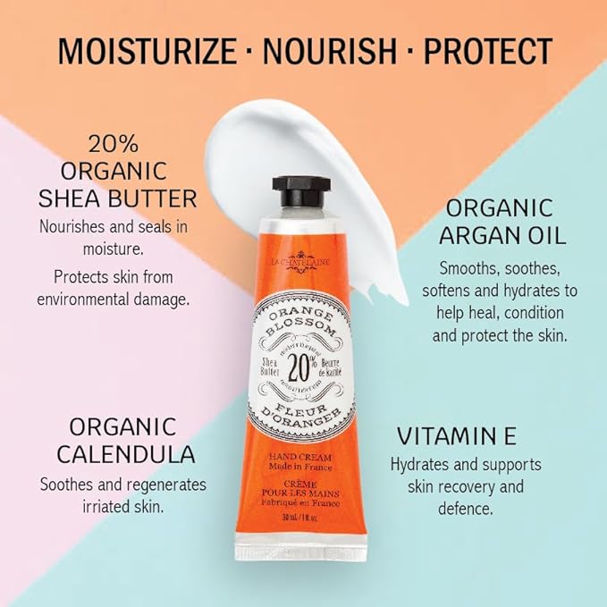 La Chatelaine Orange Blossom Triple Milled Bar Soap and 20% Shea Butter Hand Cream Gift Set, Decorative Tin, Plant-Based, Natural & Organic, Made in France (7 oz. soap bar, 1 oz. hand lotion)