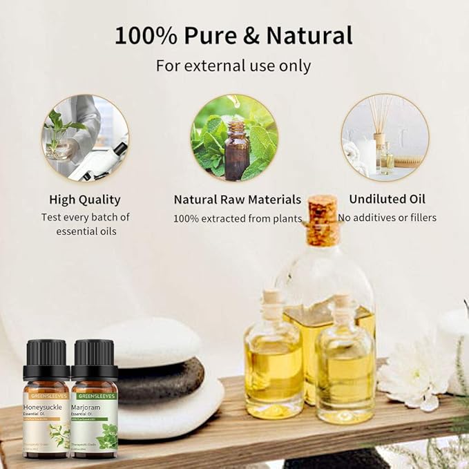 GREENSLEEVES Marjoram Honeysuckle Essential Oil Set, 2 x 10ml Pure Plant-Based Fragrance Oil for Aromatherapy, Essential Oils for Diffuser, Massage, Bath Bomb, Scented Candle Soap Making