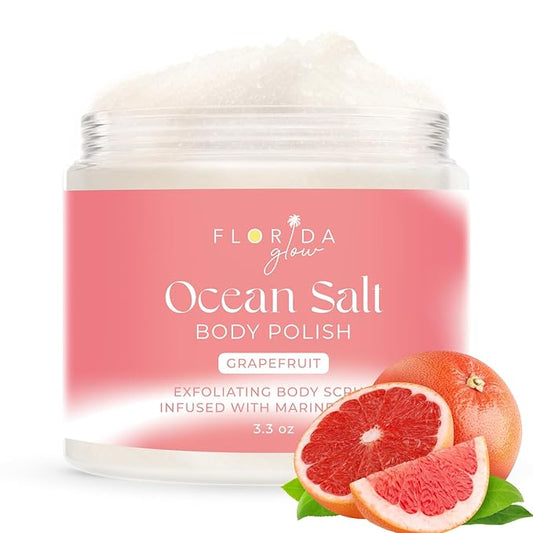 Sea Salt Body Scrub by Florida Suncare - Ocean Salt Body Polish Infused with Marine Algae - Exfoliating Face and Body Scrub - Facial Scrub Exfoliator to Tackle Acne (Grapefruit, 3.3 oz)