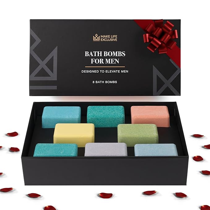 Bath Bombs for Men, Block Shape, Gifts for Men, 8 Large 5oz Bombs, 100% Natural Products & Essential Oils, Soak in, Bubble Bath