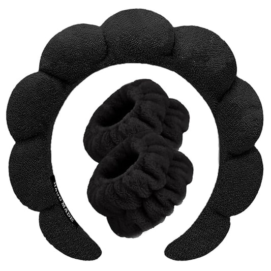 Spa Headbands for Washing Face Wristband Set Sponge Makeup Skincare Headband Wrist Towels Bubble Soft Terry Towel Cloth Hairband for Women Puffy Headwear Non Slip Thick Thin Hair Headwear (Black)