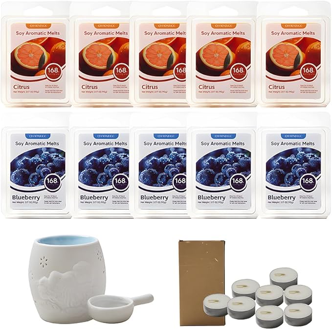 10-Pack Aromatherapy Wax Melts, Two Scent Combo | Wax Warmer & 8 Tealights Included | 90g (3.17 oz) per Pack | Eco-Friendly Soy Wax, 8 Scents (Citrus & Blueberry)