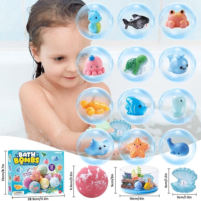 12Pack Ocean Animals Bath Bombs for Kids with Toys Surprised Inside, Organic Natural Bubble Bath Fizzy More Decorations for DIY Fish Tank Birthday Ideal Set for Girls Boys Toddlers