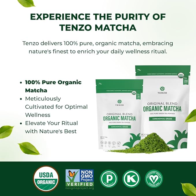 Tenzo Matcha Green Tea Powder - USDA Organic Ceremonial Grade - Paleo, Kosher, Vegan - Authentic Japanese Matcha Tea - Original Latte Powder (14.11 Ounce)