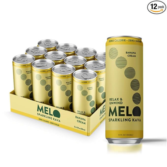 Melo Sparkling Kava Drink, Banana Cream, Sugar Free Non Alcoholic Drinks with Zero Calories, Gluten Free, Vegan, 100% Natural Mocktail with 750mg Kava Root per Drink, 12 Pack, 12 oz Cans